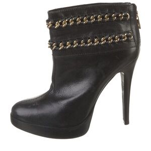 Tory Burch Black Ankle Boots with Gold Chain Detail